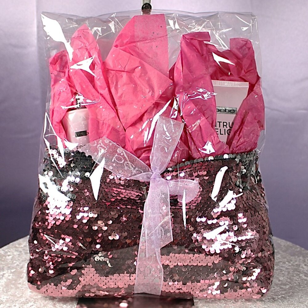 bebe Pink Sequin Makeup Bag Gift Set Lotion & Hand Cream NWT